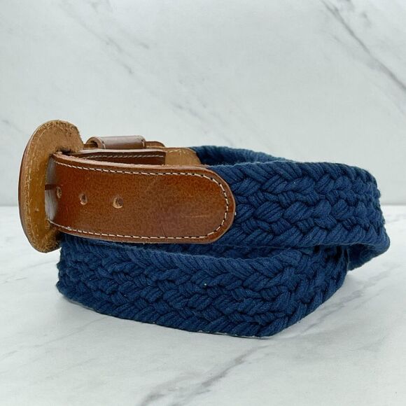 Vintage Blue Braided Woven Belt Brown Leather Trim Small (S) ✨ - Picture 9 of 10